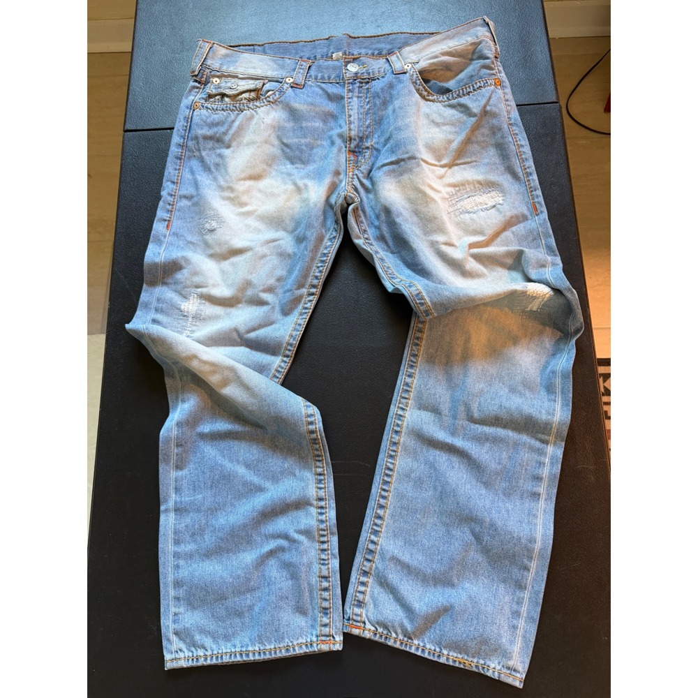 Y2K Big T True Religion Straight Leg Distressed Light Wash Jeans Mens Sz 40